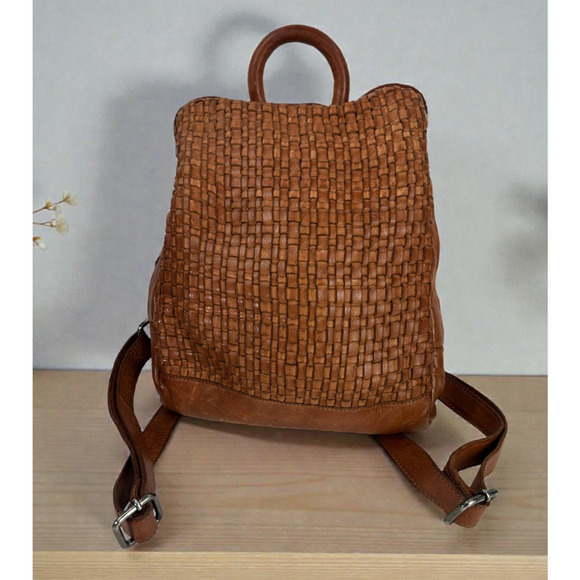 Vilenca Handbags - Vilenca Distressed Holland Emilia Woven Leather Backpack Purse Cognac Brown Boho
